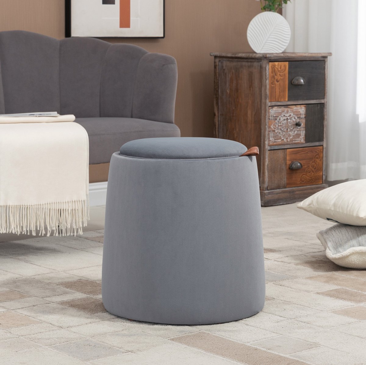 STILVORA Poef 44 x 47,5 Cm - 2-In-1 Met Opbergruimte En Omkeerbaar Deksel - Voor Woonkamer En Slaapkamer - Polyester - Grijs