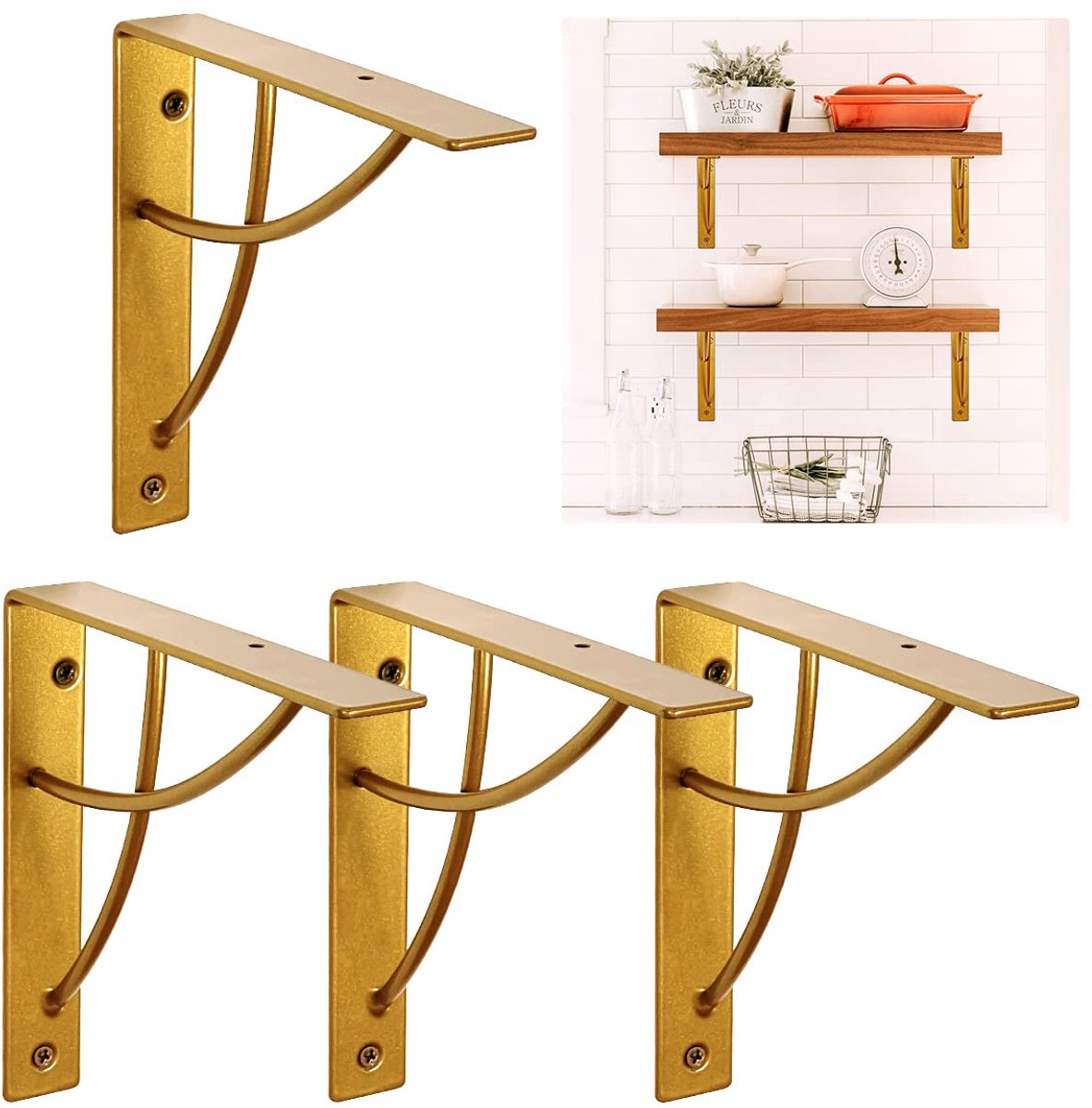 plankbeugel, modern design L plankbeugel 7 inch voor zwevende plank doe-het-zelf open rekken set van 4 gouden