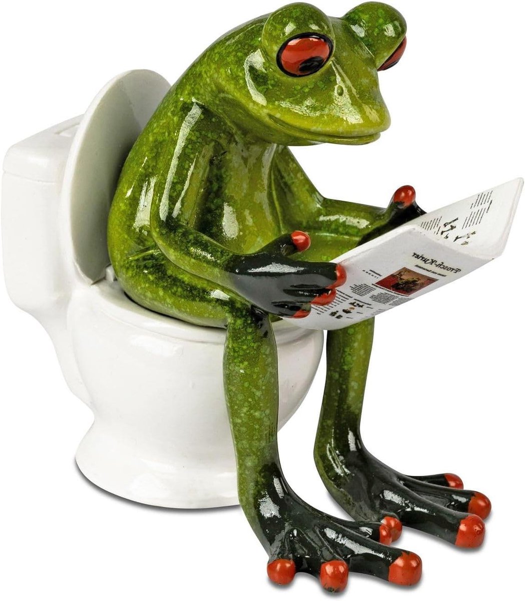 Kikker op toilet figuur - Grappige decoratie kikker - Badkamer decoreren - Handgeschilderd kunststeen - 11 cm - Groen