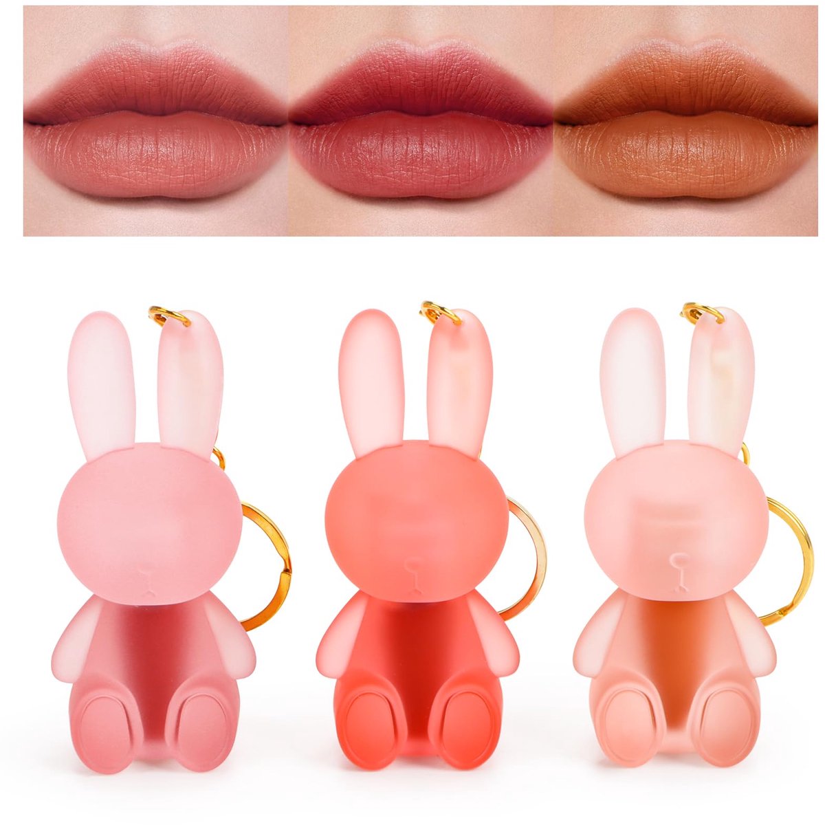 Matte lipgloss, set van 3 kleuren, 2-in-1 sleutelhanger, lippenstift, waterdicht, langhoudende lipklei, make-up, cadeaus voor vrouwen en meisjes