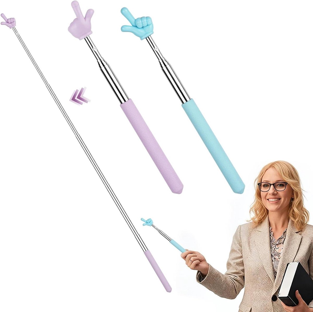 Telescopische Pointer - Uitschuifbare Hand Pointer - Klas Presentaties - Vinger Vorm Design - 68 cm - Blauw en Paars