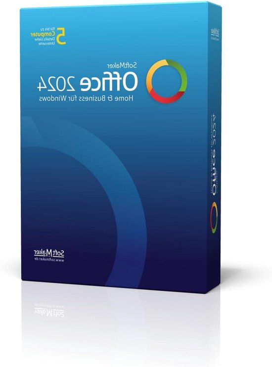 Blauwe SoftMaker Office 2024 doos voor Windows met het gekleurde cirkellogo en productinformatie.