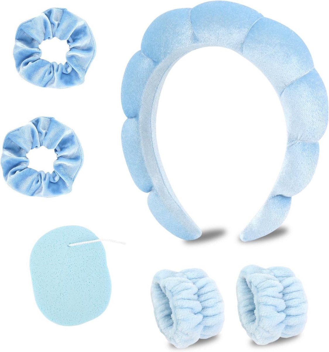 Make-up Hoofdband Set - Spa Hoofdband Polsbanden - Gezichtsverzorging - Zachte Fluweel Stof - 196 x 18 cm - Blauw