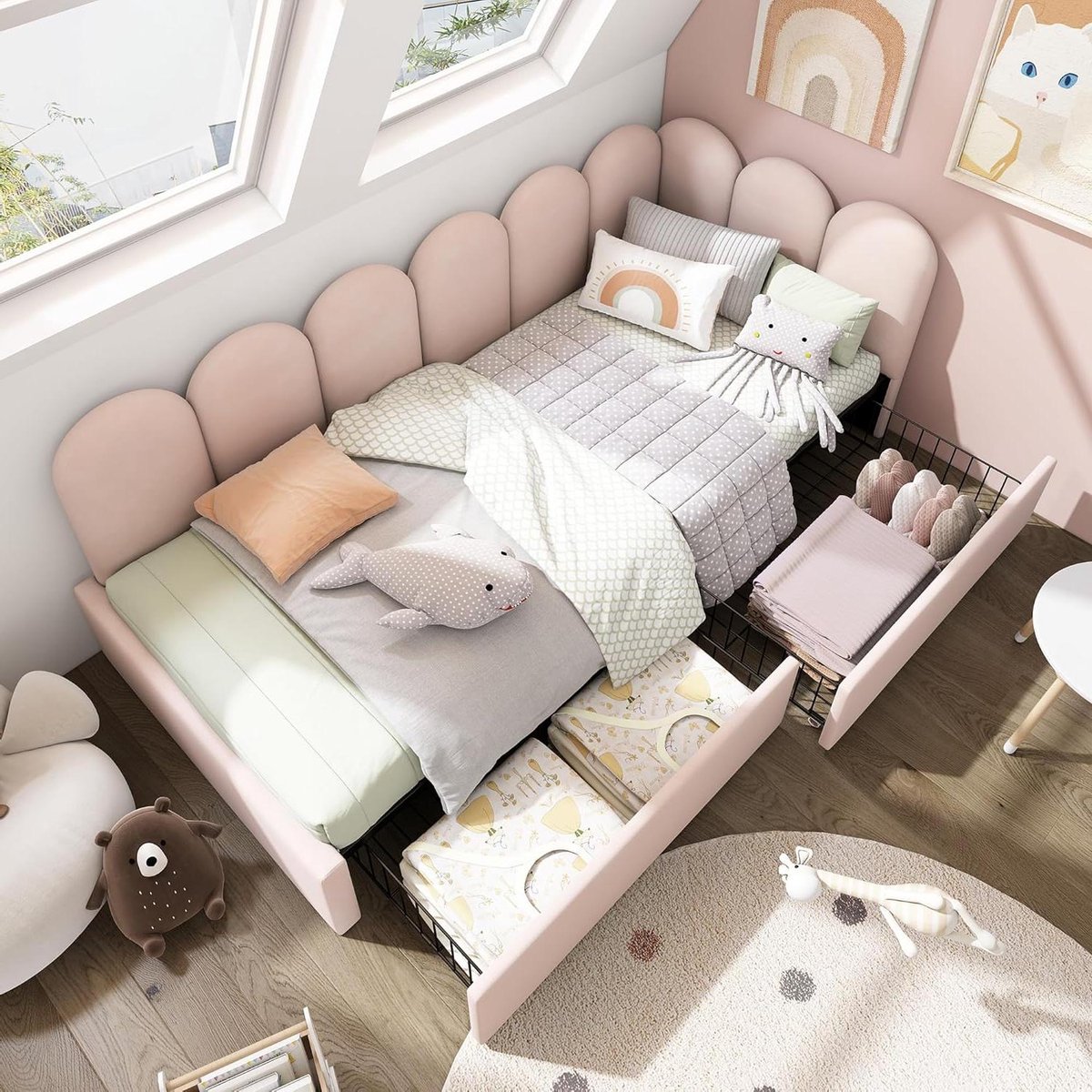 Slaapbank Meisjes - Bankbed Velvet - Kamer Inrichten - Met Opbergruimte - 90 x 190 cm - Roze