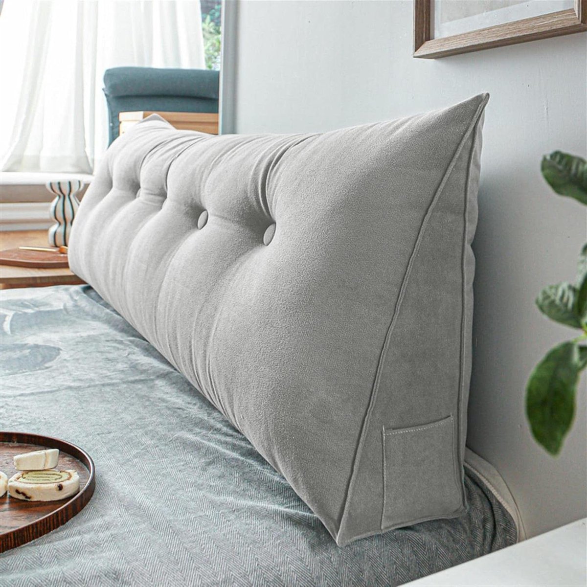 Leeskussen Driehoek - Rugsteun Kussen - Comfortabel Lezen - Afneembare Hoes - 80 x 50 x 20 CM - Grijs