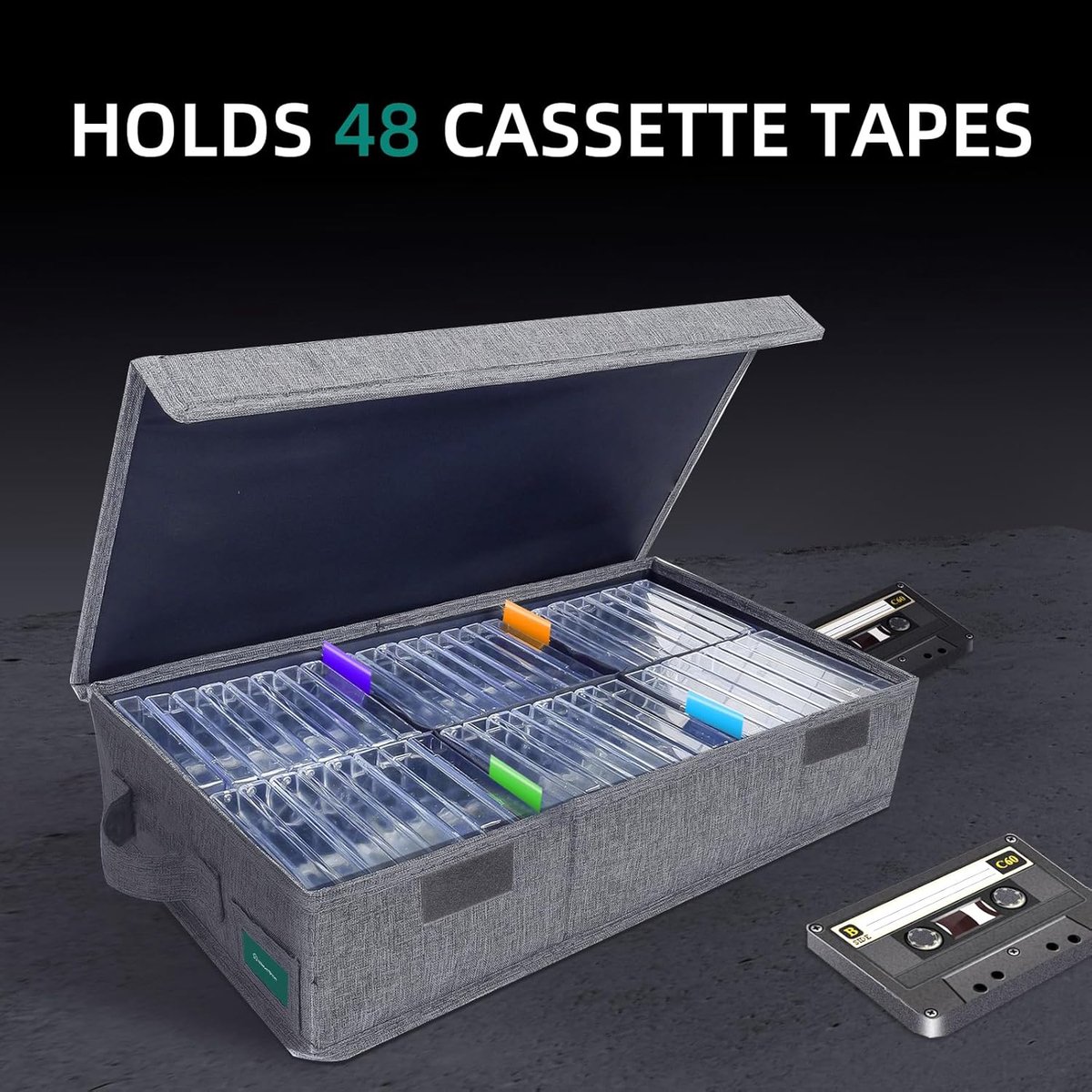 Cassette Tape Opbergdoos - Cassette Rek - Muziek Organiseren - Met Deksel en Labels - 48 Cassettes - Grijs