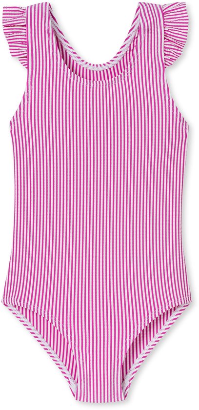 Roze en witte gestreepte badpak met ruches op de schouders.