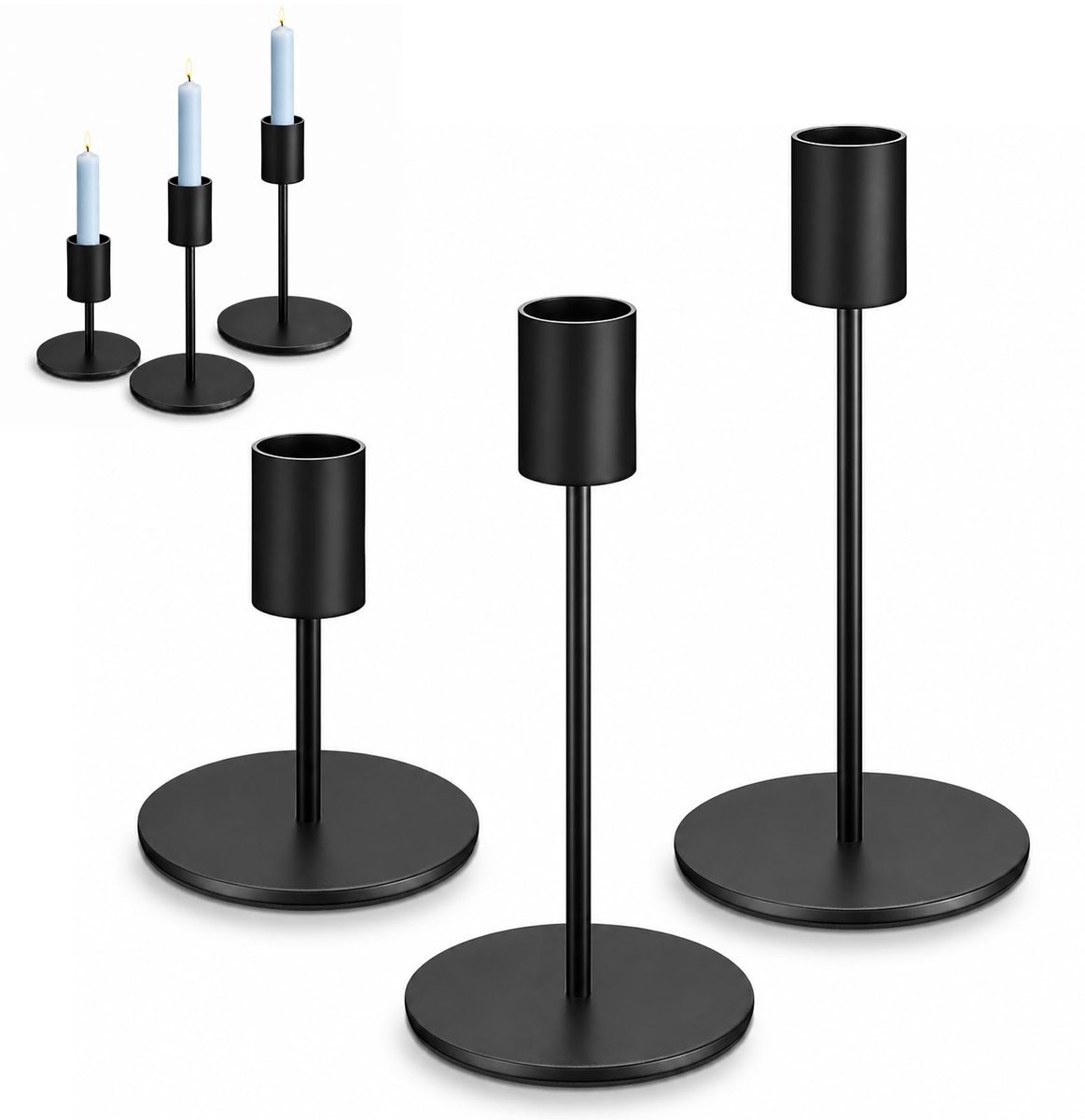 Kandelaar zwart, 3 stuks kandelaar, staafkaarsen, vintage staafkaarsenhouder voor diner, huis, tafeldecoratie, bruiloft, verjaardag, feest, 3 maten