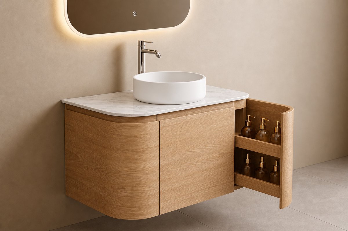 ZIMMER Badkamermeubel Set CURVA Enkel met Wastafel 79x49x36 cm Naturel eik – Soft-Close – Zwevend Badmeubel Compleet
