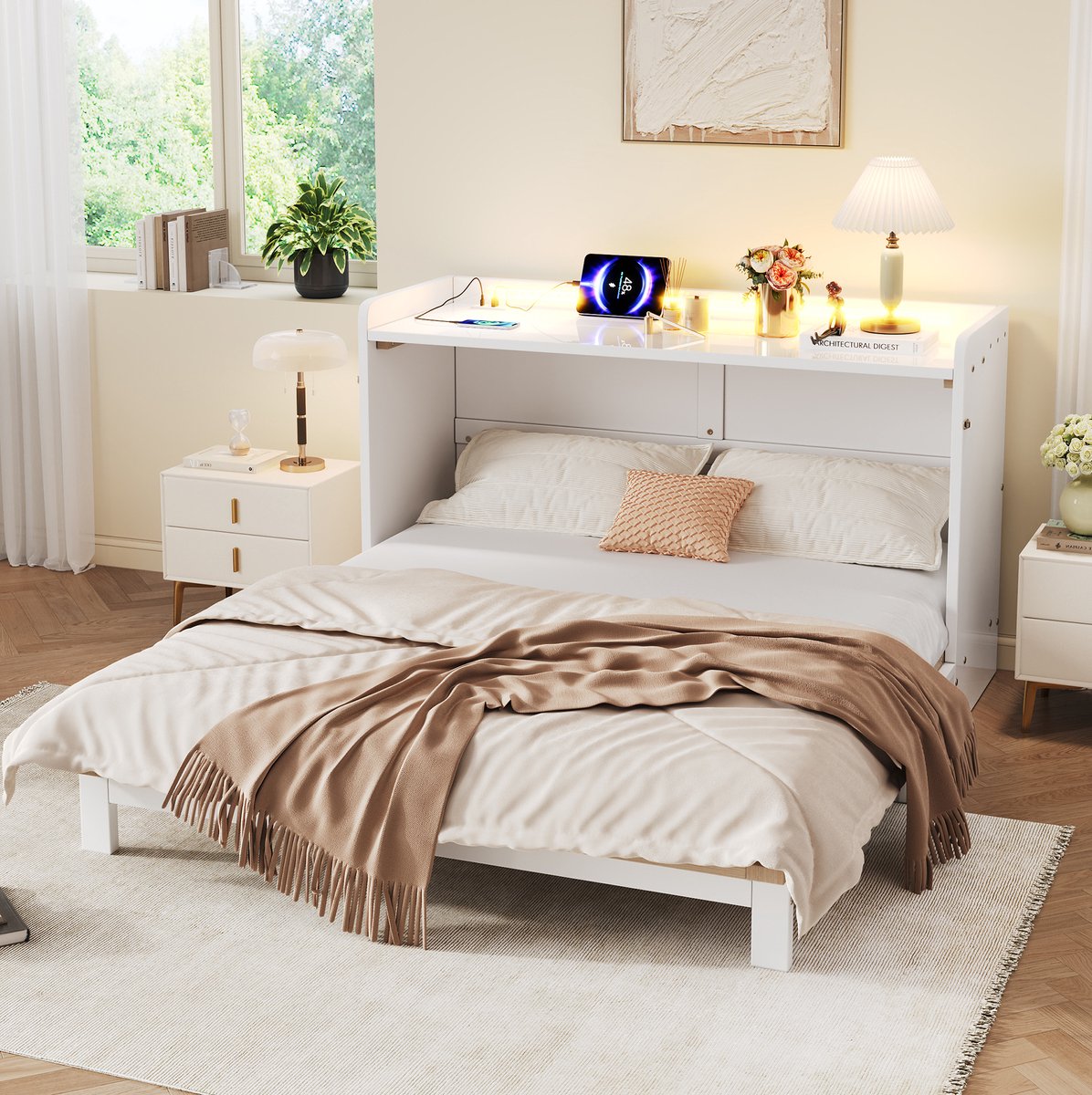 MIVRAY Opklapbed - Ruimtebesparend Tweepersoonsbed Met LED, USB En Lades - Voor Moderne Slaapkamer - Hout En MDF - 140x200 Cm - Wit