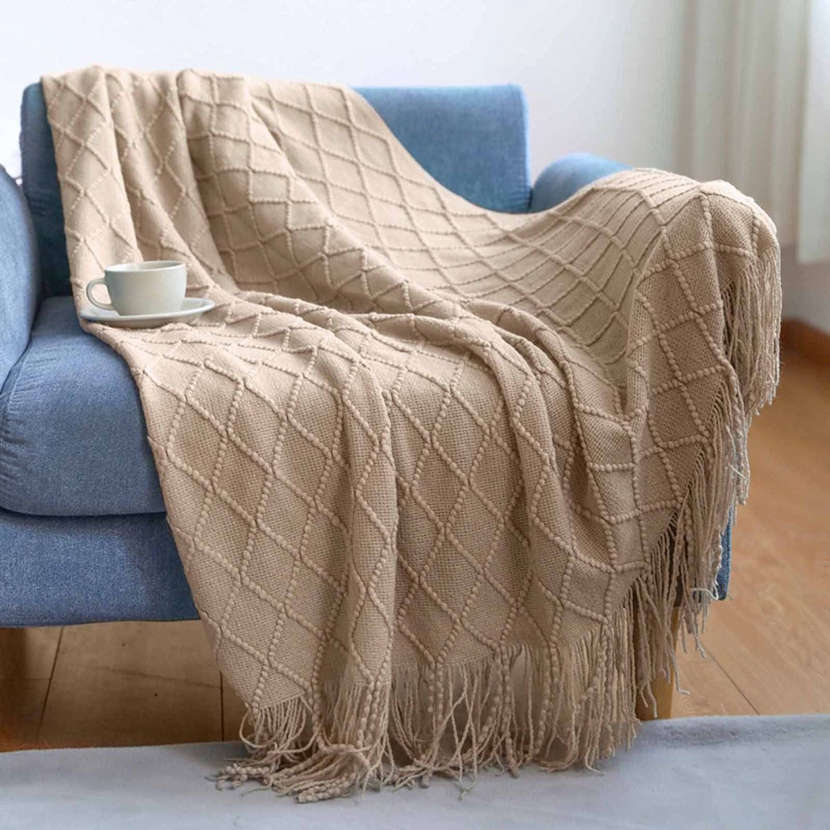 Gebreide Deken Met Franjes - Effen Kleur Scandinavische Warme Plaid - Trendy Zachte Sprei Voor Sofa - Decoratieve Deken 130 x 170 cm