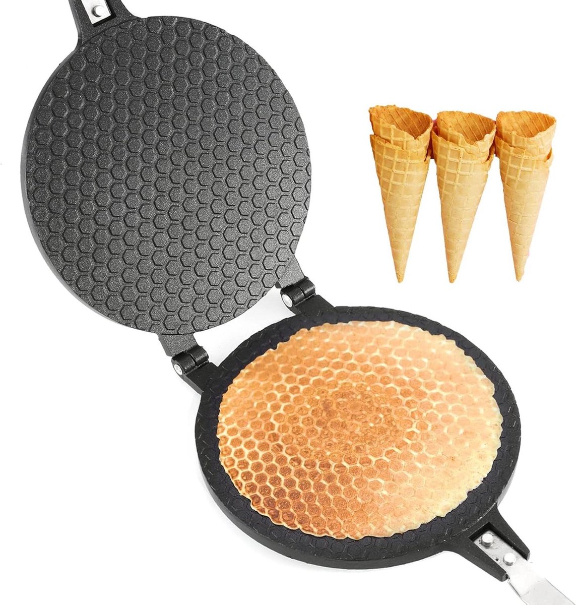 Wafel Kegel Maker - IJshoorntjes Bakplaat - Zelfgebakken Snacks Maken - Dubbelzijdige Antiaanbaklaag - 22 cm Diameter - Zwart