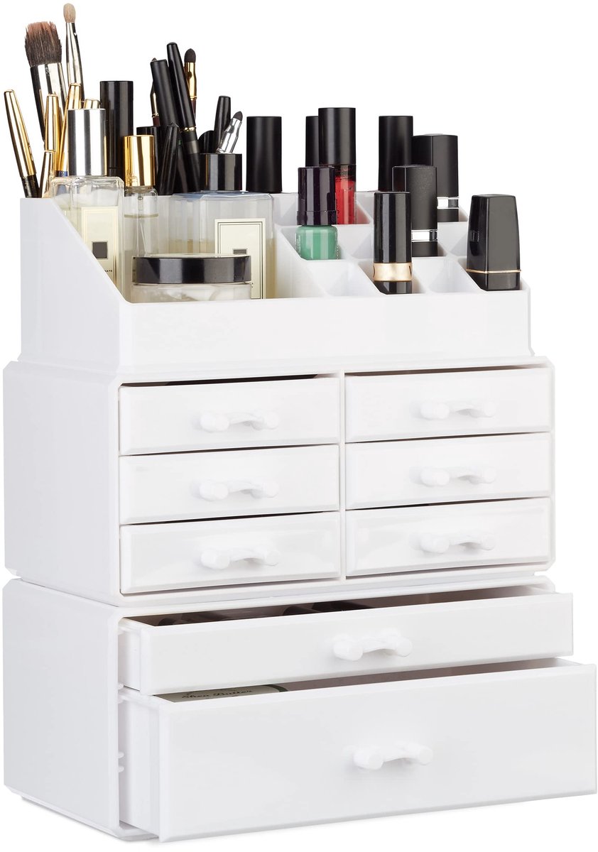 2x make-up organizer, met 8 lades, stapelbaar, acryl, 16 vakken, lippenstifthouder, opbergsysteem, wit