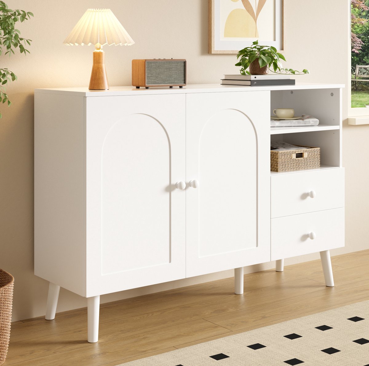 MIVRAY Dressoir - Gewelfde Deuren Met 2 Deuren 2 Lades En Open Vakken - Voor Woonkamer Eetkamer En Hal - MDF En Spaanplaat - Wit - 118x35x82 Cm