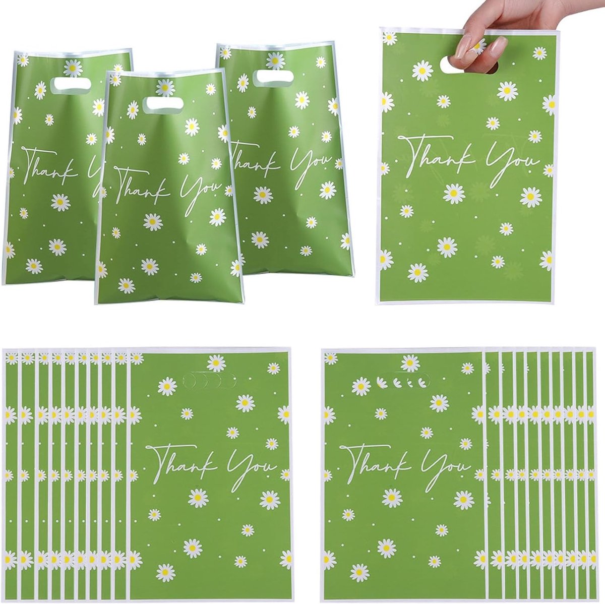 50 geschenkzakjes van kunststof met madeliefjespatroon, groene cadeauzakjes voor feestjes, verjaardagen en geschenkverpakking (16,5 x 25 cm)