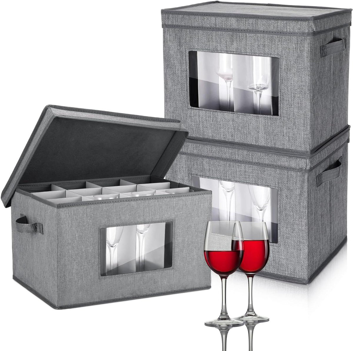 Opbergdozen Glaswerk - Wijnglas Opberger - Veilig Transport - Met Verdelers - 3 stuks - Grijs