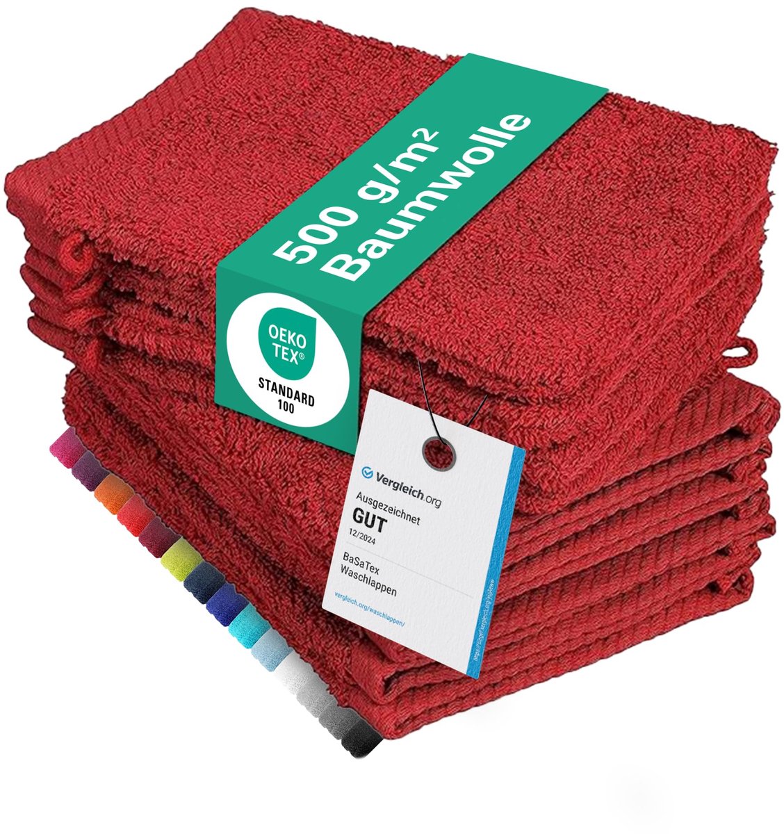 Set van 10 washandjes, washandjes, afmetingen 15 x 21 cm, rood, 100% katoen