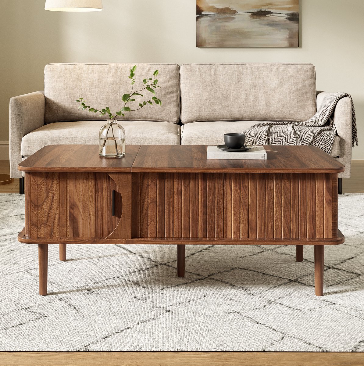 MIVRAY Salontafel - Verstelbaar Tafelblad Met Schuifdeur En Opbergruimte - Voor Woonkamer En Kleine Ruimtes - MDF Walnoot - 100x48x55,5 Cm
