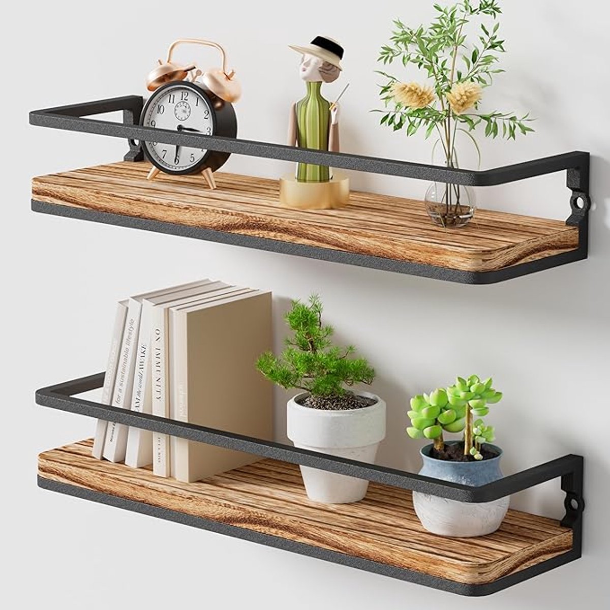 Set van 2 Zwevende Wandplanken 42 cm - Houten Wandplanken voor Badkamer, Slaapkamer, Keuken en Kantoor - Wandgemonteerde Opbergplanken voor Decoratie en Opslag