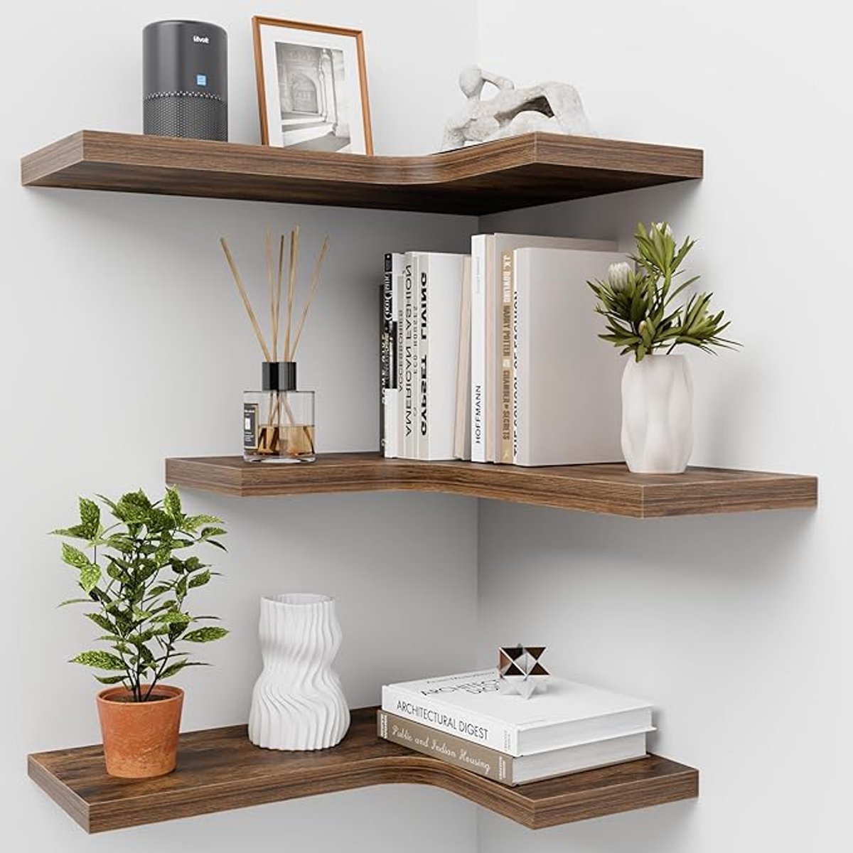 Set van 3 Houten Wandrekken - L-vormige Hoekplanken en Zwevende Wandplanken - Wanddecoratie met Opbergruimte voor Keuken, Woonkamer, Slaapkamer en Badkamer - Bruin