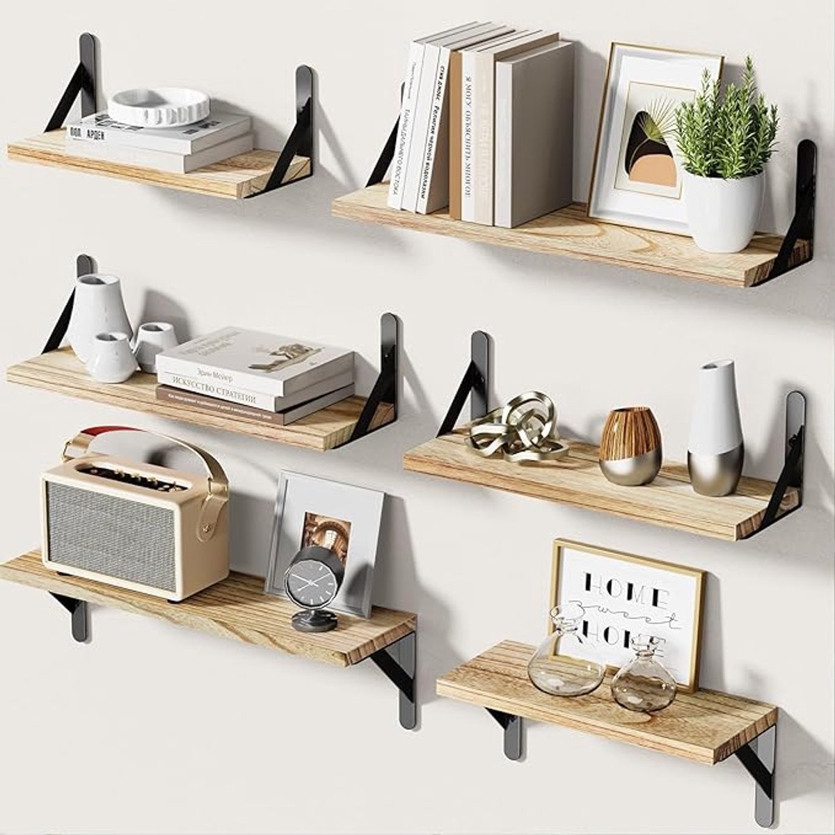 Set van 6 Zwevende Wandplanken - Houten Wandplanken voor Slaapkamer, Badkamer en Woonkamer - Wandgemonteerde Opbergplanken voor Decoratie en Opslag