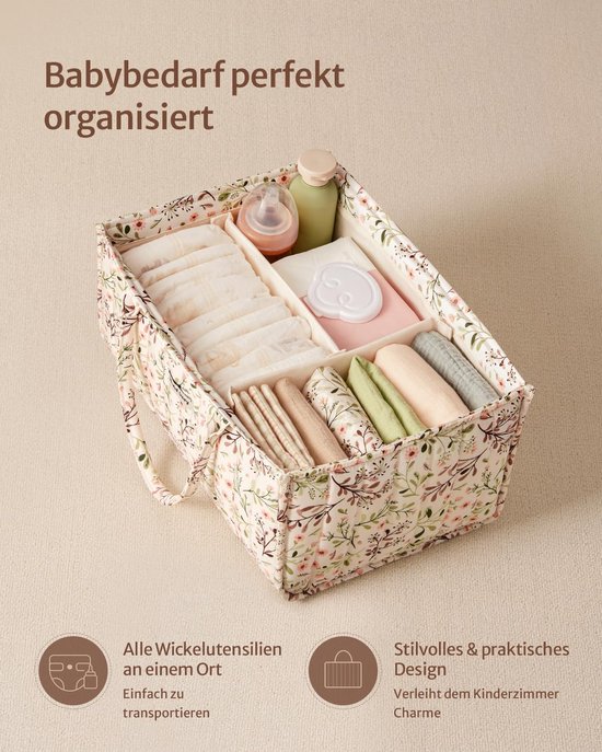 Luier Organizer - Luier Caddy - Babybenodigdheden Opbergen - Met Verwijderbare Scheidingswanden - 25 x 38 x 17.5 cm - Bloemenprint — afbeelding 4