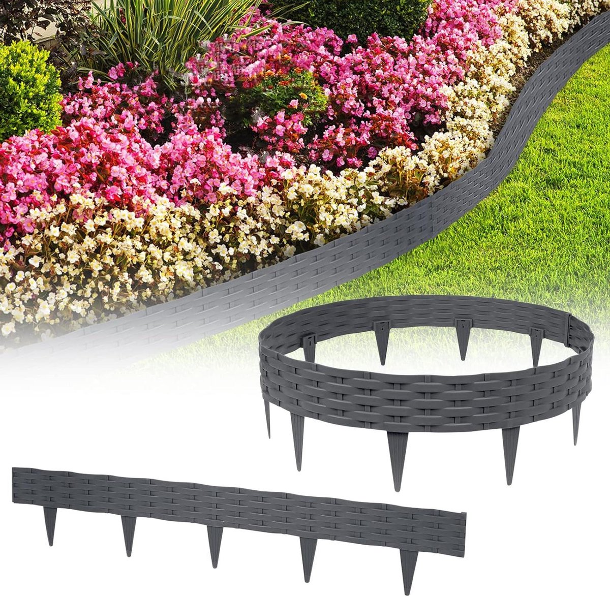Gazonrand Kunststof - Tuinperk Begrenzing - Tuin Afscheiden - Rotan Look - 20 meter - Antraciet