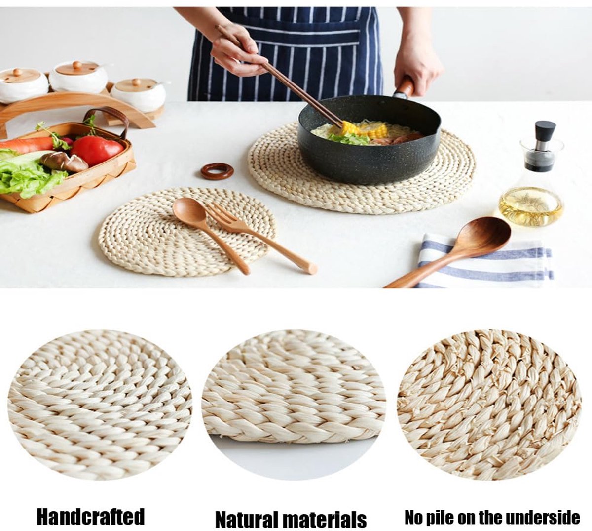 Placemats, 25 cm, gevlochten placemat, placemat, onderzetter, hittebestendige tafelonderlegger, jute placemats voor eettafel, keuken, bruiloftsfeest, hotel