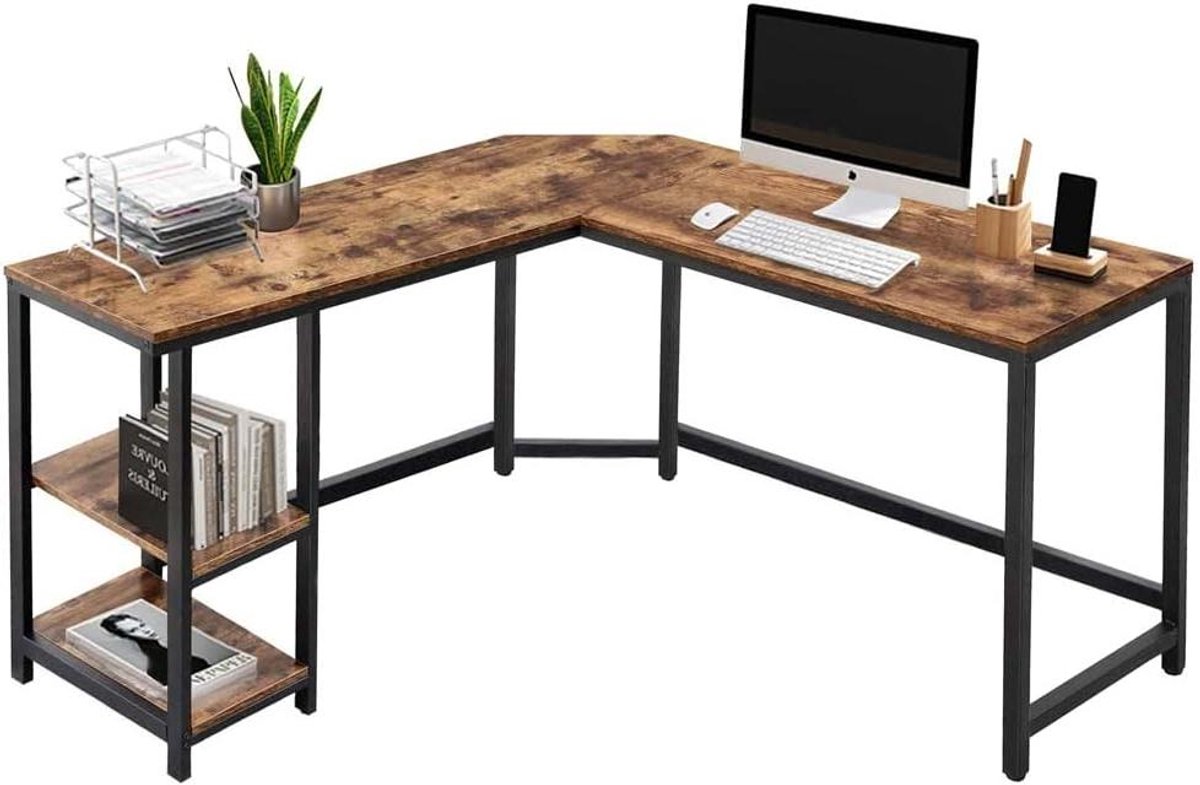 Hoekbureau met kast - Werktafel studie - Thuiswerken organiseren - Geïntegreerde boekenkast - 138 x 138 cm - Zwart en hout