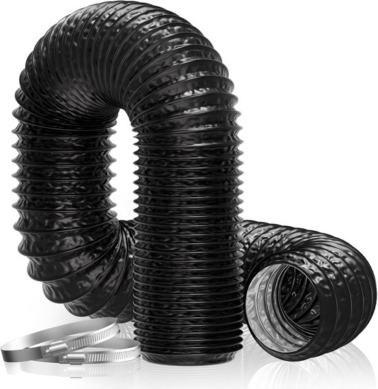 Tuyau d'évacuation noir, flexible et côtelé avec deux colliers de serrage métalliques.