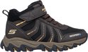 Bruine wandelschoen met klittenband, veters, zwarte mesh, gele accenten en de 'S' van Skechers.