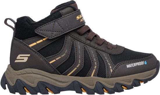Bruine wandelschoen met klittenband, veters, zwarte mesh, gele accenten en de 'S' van Skechers.