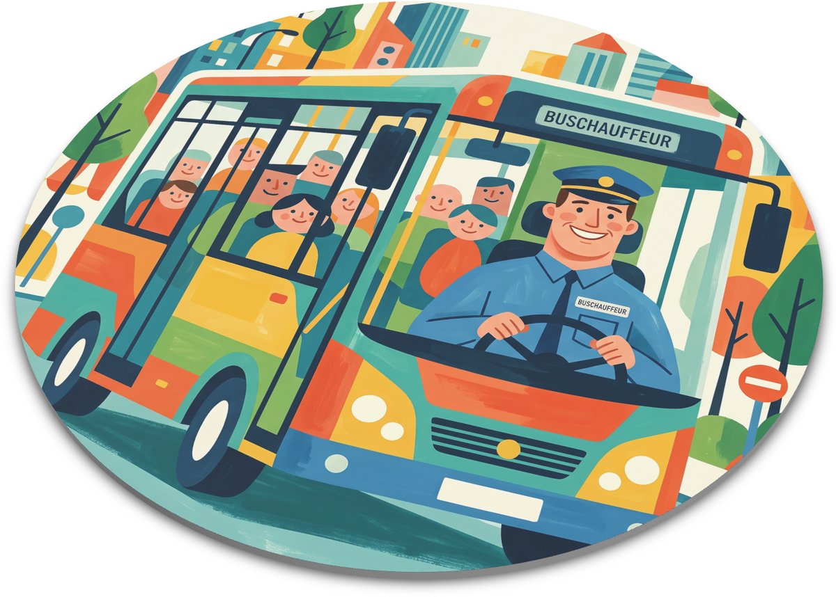 Ronde muismat buschauffeur illustratie met stadsbus, passagiers, chauffeur en vrolijke stad in kleurrijke retro gouache stijl voor chauffeur cadeau