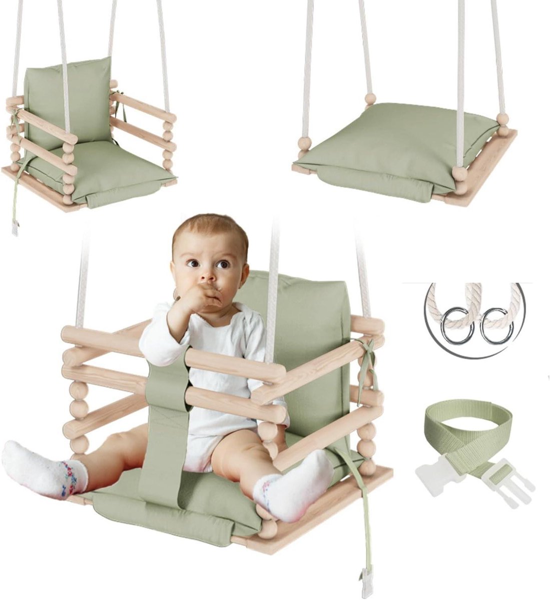 Baby Schommelhout - Kinder Schommel - Binnenshuis Spelen - Met Valbeveiliging - 34 x 34 x 30 cm - Beige