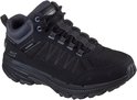 Zwarte middelhoge wandelschoen met grijze accenten, veters en 'Waterproof' tekst.