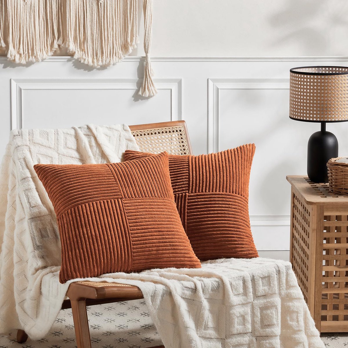 Set van 2 kussenhoezen, boho, corduroy, 40 x 40 cm, karamelkleur, zacht, decoratief, klassiek patroon met gekruiste strepen, onzichtbare ritssluiting, voor bank, bed, thuis