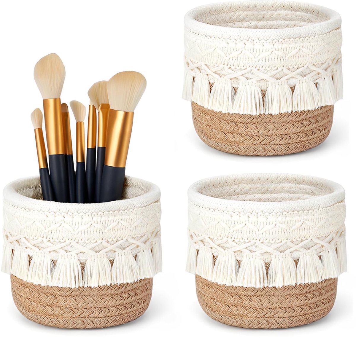3 stuks make-uppenselhouder, opbergdoos, katoenen mand, kamkwast, mini-opbergmand, gevlochten klein, opbergdoos, boho-decoratieve manden voor pennen, potloden, bruin