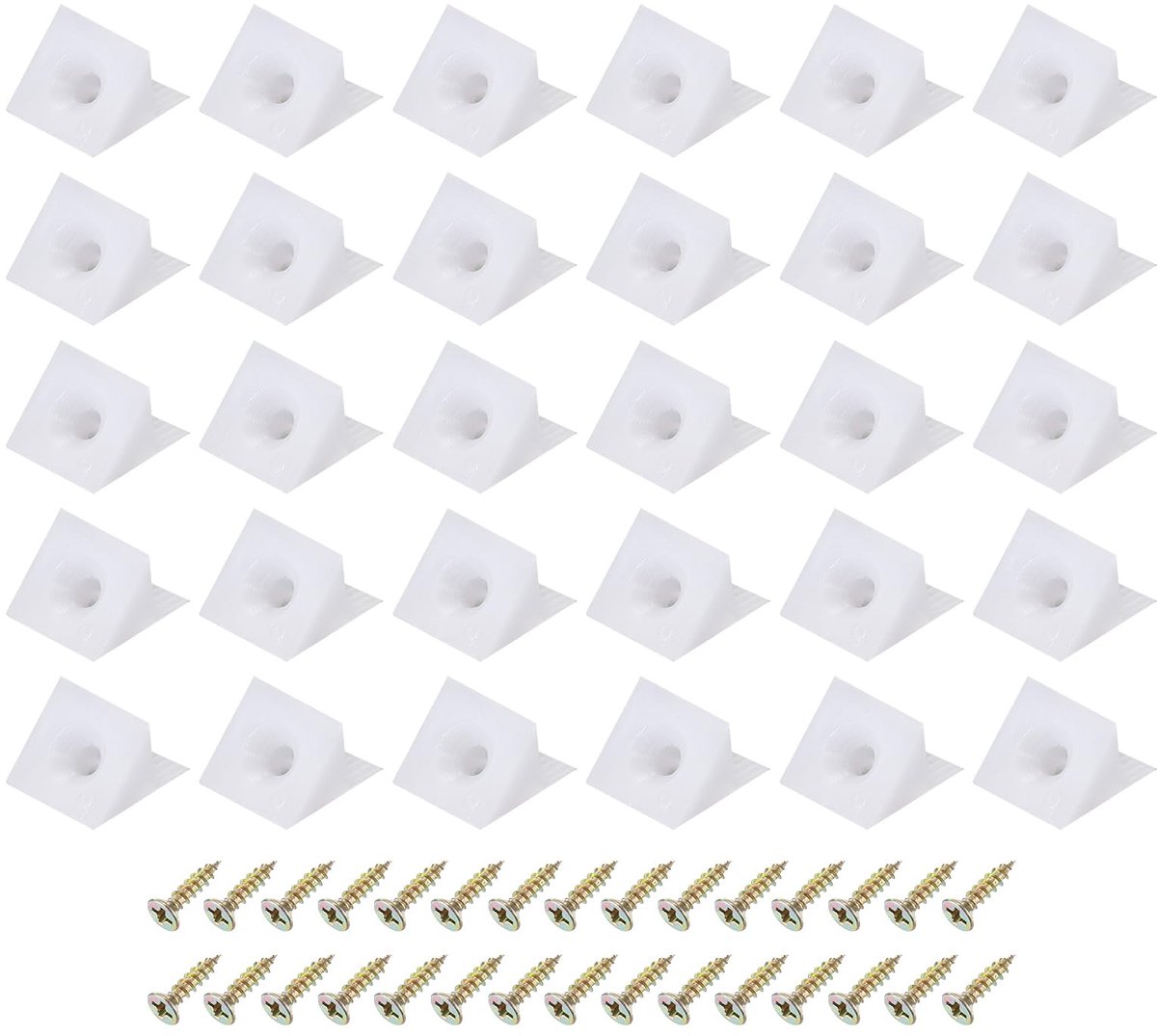 Hoekbeugels van kunststof, 100 stuks, 90 graden, rechthoekige beugels voor planken, 14 x 15 x 10 mm, schroeven voor kasten, kasten, wit