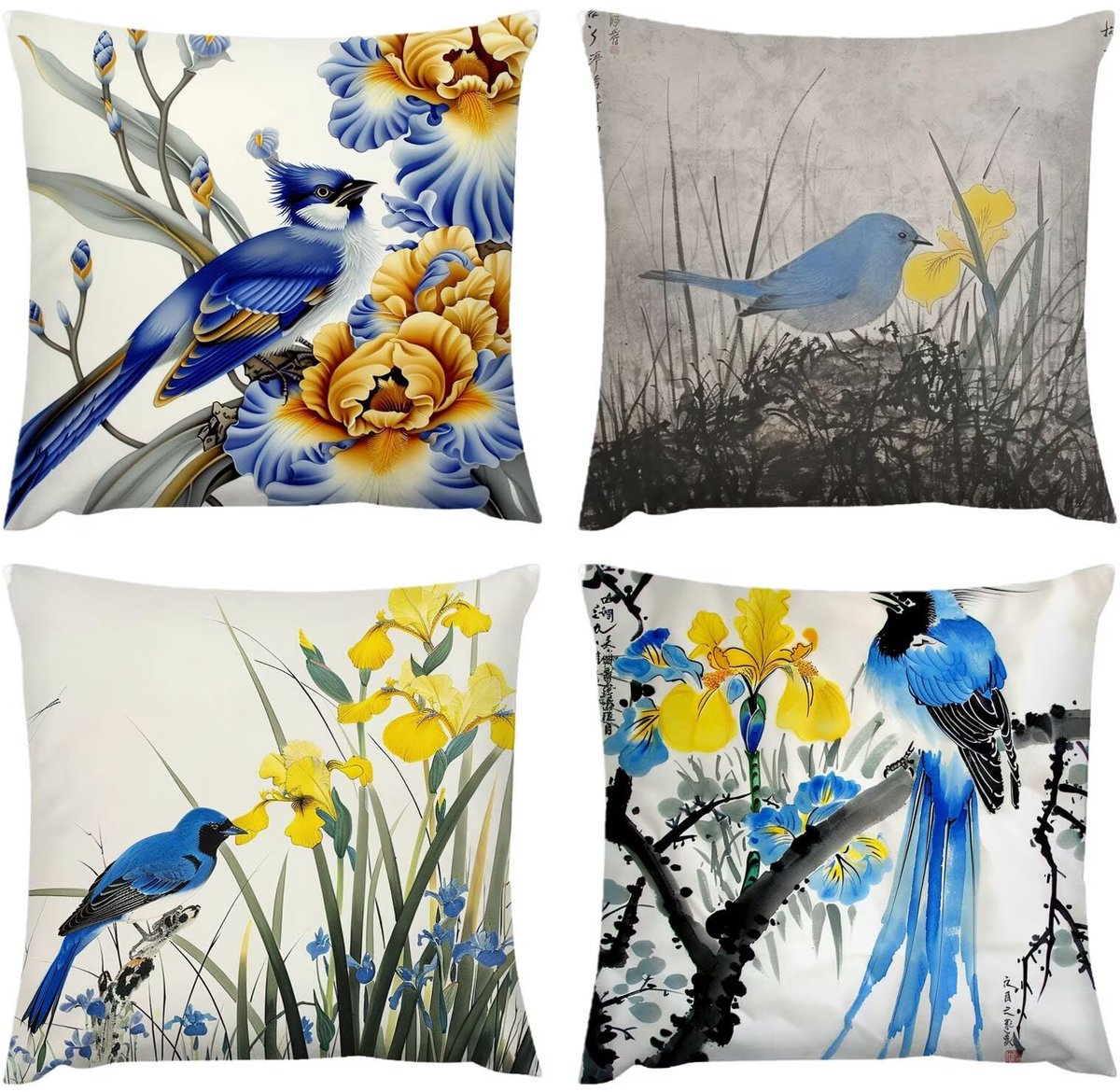 Buitenkussen, Waterafstotend Oppervlak Bloemen Vogelkussen, Tuinkussen, Bankhoes Balkon Decor voor Woonkamer Slaapkamer Set van 4 70 x 70 cm, Kussensloop 28 x 28 in G392