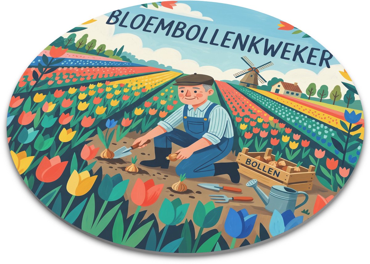 Ronde muismat bloembollenkweker met kleurrijk tulpenveld en molen vrolijke Mid-Century gouache illustratie voor kweker, tuinliefhebber, bloemenfan of landelijk cadeau op bureau, 22 cm