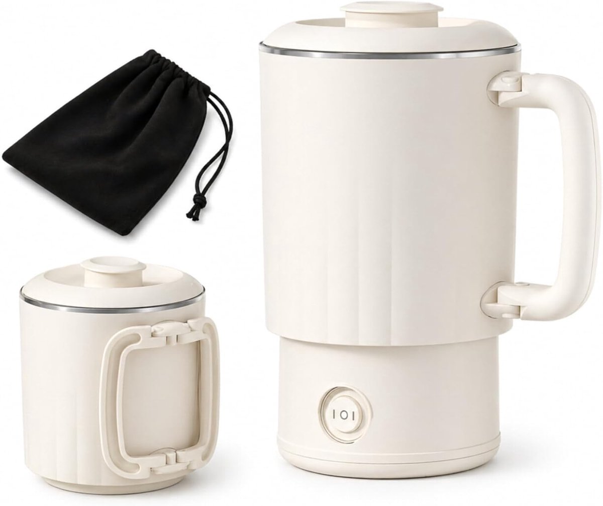 KZQ elektrische reiswaterkoker - Dubbelwandig - Opklapbaar handvat - Binnenkant van 304 roestvrij staal - Kookt snel - Geschikt voor thuis, op reis en op de camping - Beige - 800 ml - Inclusief opbergtas