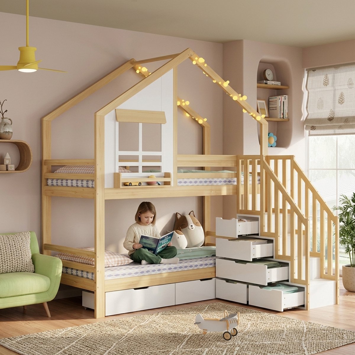 Sweiko Stapelbed - 90 x 200 cm - Met lades - Grenenhout + MDF - Kinderbed - Wit + Naturel