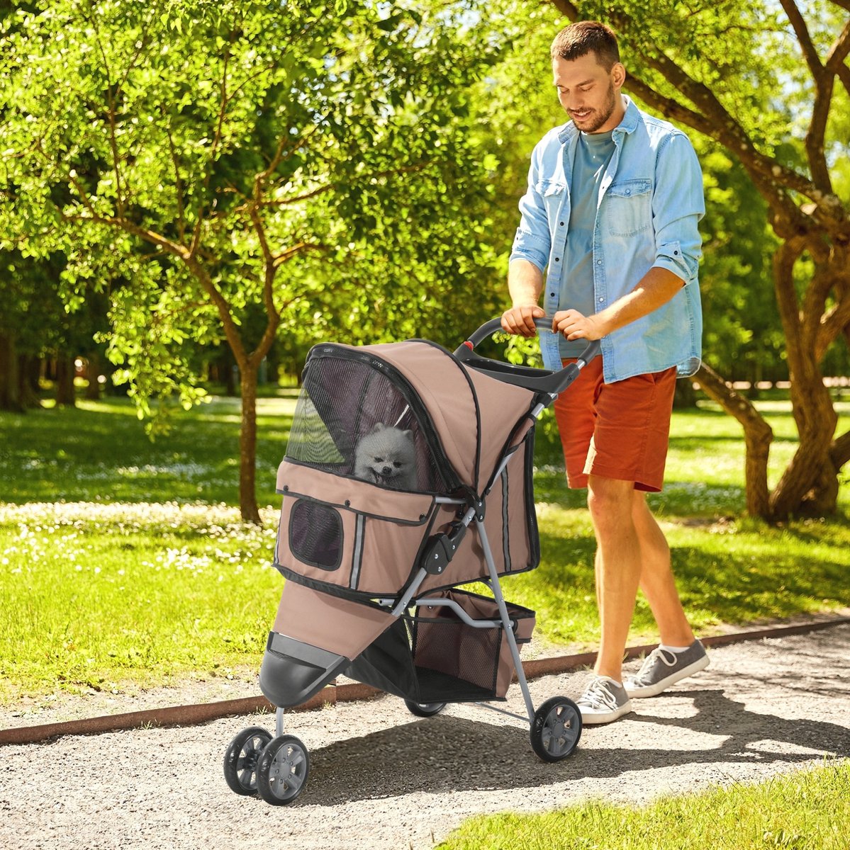 MEUNIQ Hondenbuggy opvouwbaar 75 x 45 x 97 cm met gaasvensters, parkeerrem, opbergmand en 2 bekerhouders voor kleine honden tot 10 kg, koffiebruin