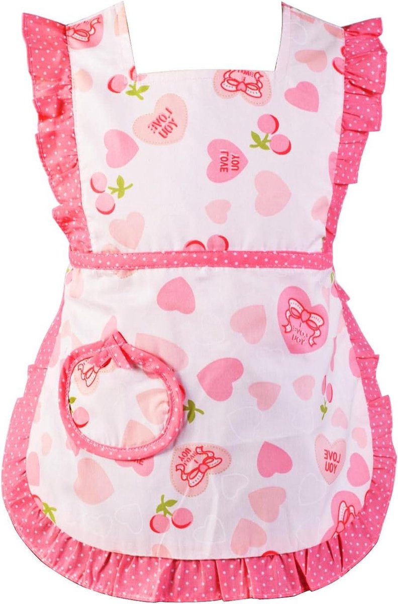 Kinderslabbetje Schort - Baby Keukenschort - Knoeien Voorkomen - Schattig Hartpatroon - 39 x 44 cm - Rood Roze