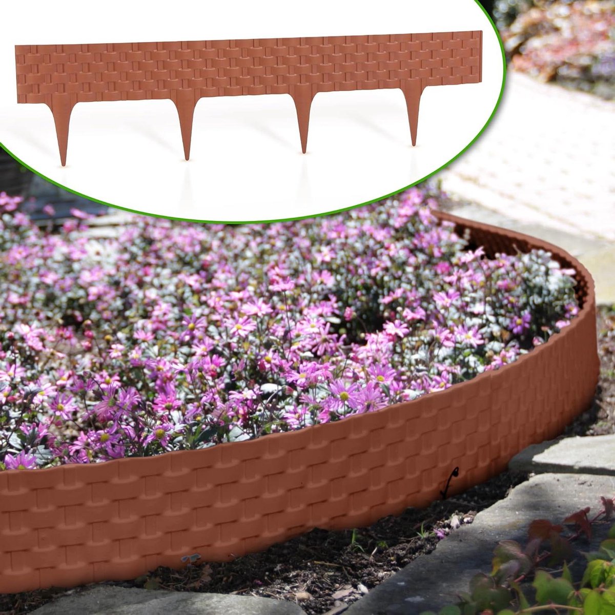 Gazonrand Tuinpalissade - Bloembedomranding Flexibel - Tuinranden Creëren - Rotanlook Kunststof - 24 Meter - Terracotta