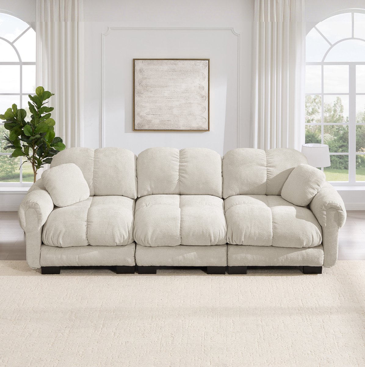 HAUSS SPOLE Zitbank - Wolkenbank - 3-Zits Met 2 Sierkussens En Gestikt Design - Voor Woonkamer En Lounge - Chenille Licht Kaki