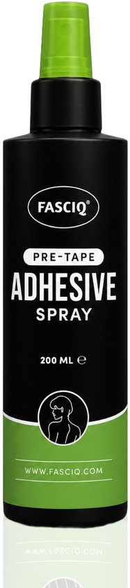 FASCIQ pre-tape adhesive spray 200ml met groene dop. Zwarte fles met witte en groene tekst.