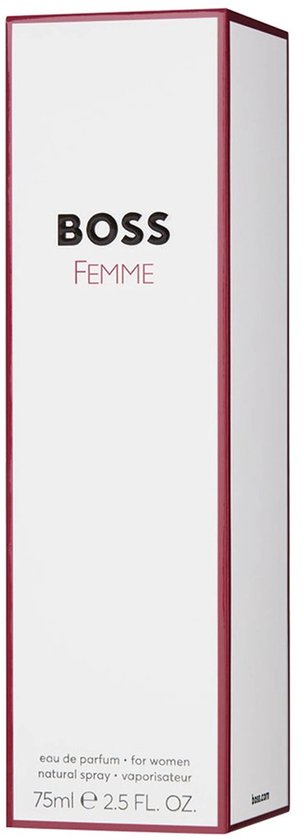 Doos voor BOSS FEMME eau de parfum voor dames, 75 ml, met witte voorkant en rode zijkanten.