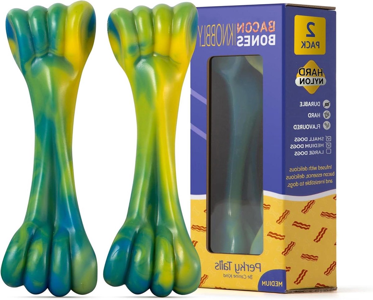 Hondenspeelgoed Kauwbot - Kauwspeeltje Hond - Tandverzorging Hond - Bacon Smaak - 15 cm - Geel en Blauw
