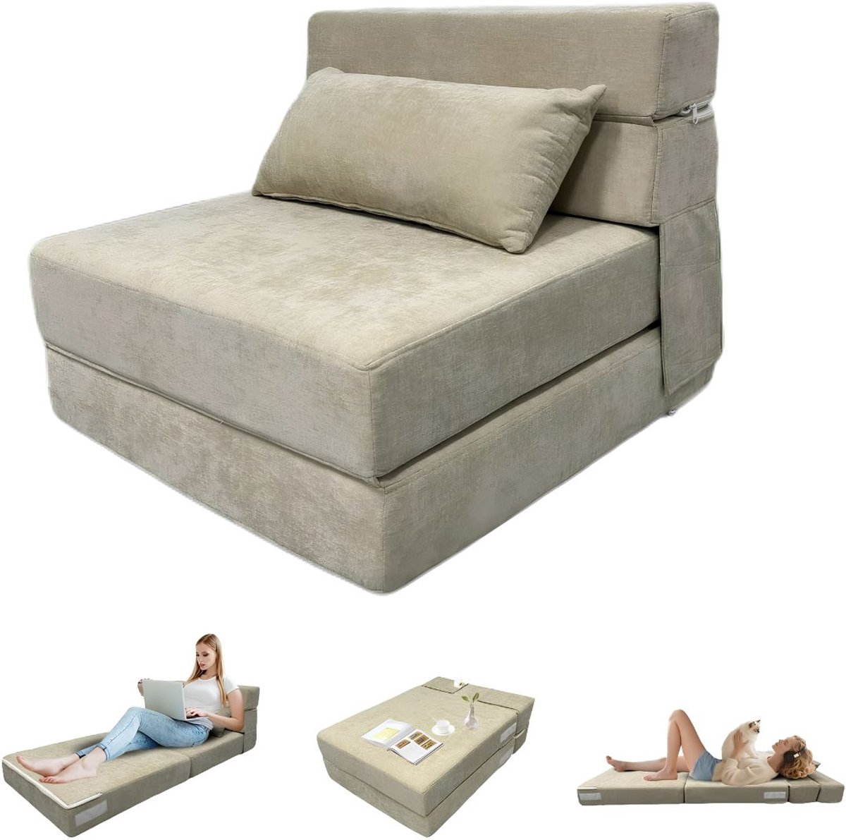 SP® Slaapstoel - Opvouwbare slaapbank van traagschuim - afneembare divanhousse - Beige - 190cm x 70cm x 15cm